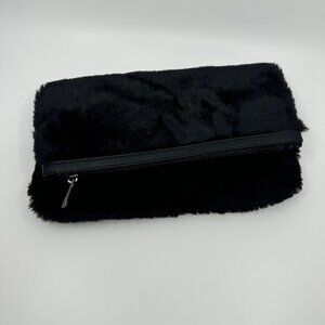 NWOT Black Faux Fur Magnetic Fold-Over Clutch with Zipper Close